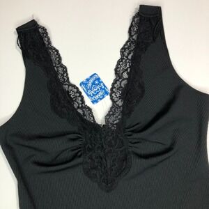 Intimately Free People‎ Bodysuit Women's Large Black Ribbed Lace Trim Sleeveless